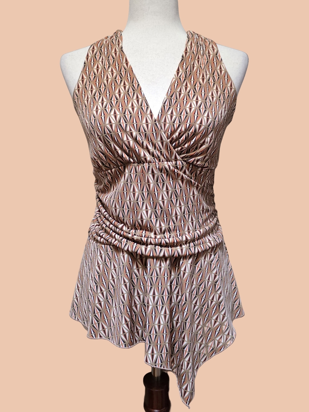 Studio 1940 Y2K Orange Geometric Ruched Waist Asymmetrical Halter Top